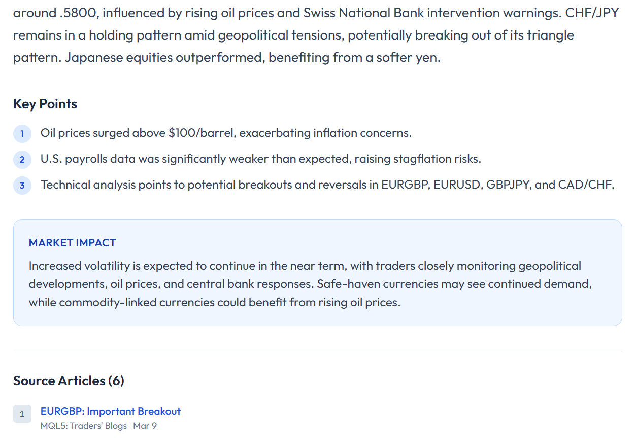 Market brief showing Key Points numbered list and Market Impact box